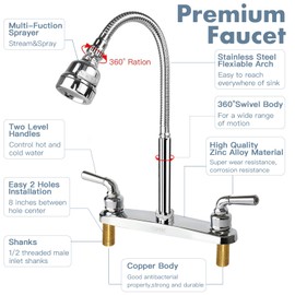 XMK All Metal RV Kitchen Faucet,Camper RV Kitchen Sink Faucet Replacement with Flexible Arc 360 Degree Rotatable Tri-Function Sprayer for Campers,Motorhomes,Travel Trailers,8 Inch 2 Hole
