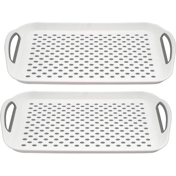 Anti-Slip Serving Tray Rectangular Non-Slip Top Bottom Plastic Tray, Strong Grip Rubber Surface, Kitchen Tray for Food Serving, Easy Grip Handles, Sturdy Dinner/Drinks Breakfast Tray (Grey, Pack of 2)