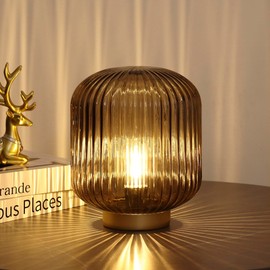 WESJO Battery Operated Lamp, Small Table Lamp with LED Bulb, Battery Powered Lamp Cordless Decorative Glass Beside Lamp for Bedroom Living Room Hallway (Brown)