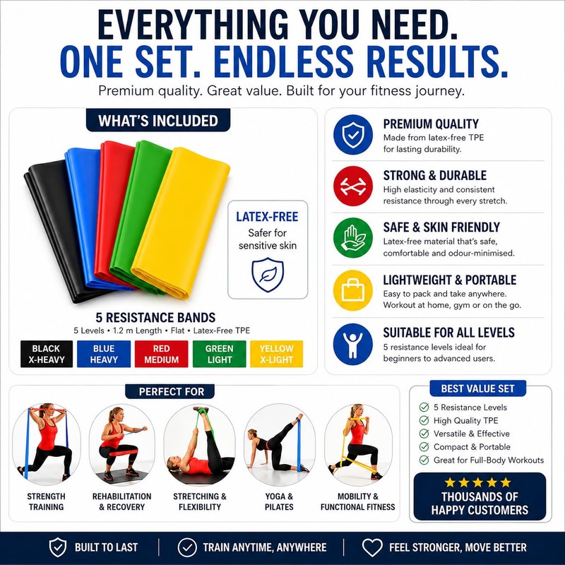 Resistance Band Kit (5 x 1.2m Bands) Use for Strength