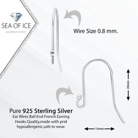 SEA OF ICE 925 Sterling Silver Ear Wires Ball End French Earring Hooks for Drop Dangle Earrings Jewelry Making, DIY Jewelry Findings Parts 20 Pcs/ 10 Pairs