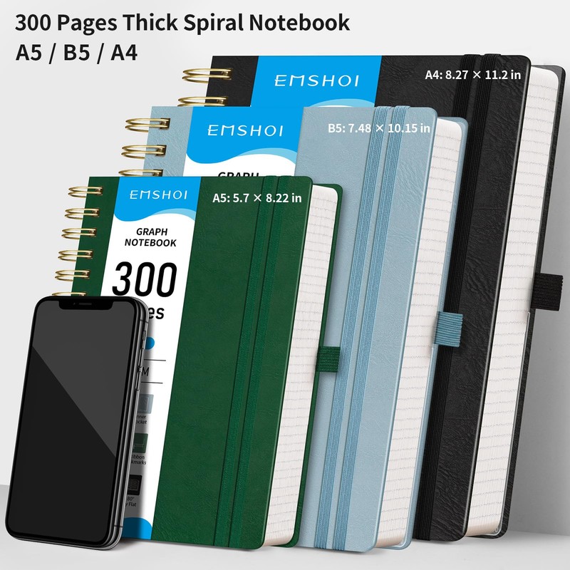 EMSHOI Spiral Graph Paper Notebook - 300 Pages, 100 GSM