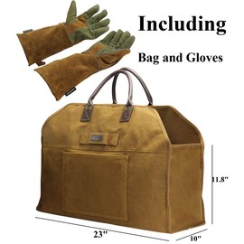 INNO STAGE Firewood Log Carrier Bag Waxed Canvas Tote Holder with Fireplace Pure Leather Gloves for Hay Hauling Outdoor Camping, BBQ Barbecue