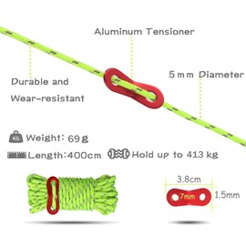 HIKEMAN 5 mm Reflective Guy Ropes Rope - Ropes Lightweight Guy Line Tent Cord with Aluminium Rope Tensioner for Tent Tarpaulin Camping (Army Green)