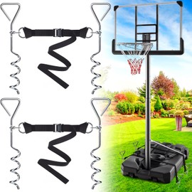 TOBWOLF 2 Set Basketball Goal Anchor Tie Down Kit, High Wind Basketball Hoop Anchor with 4 Anchors & 2 Adjustable Straps, Heavy Duty Ground Stakes for Secure & Durable Court Setup, Trampoline Anchors