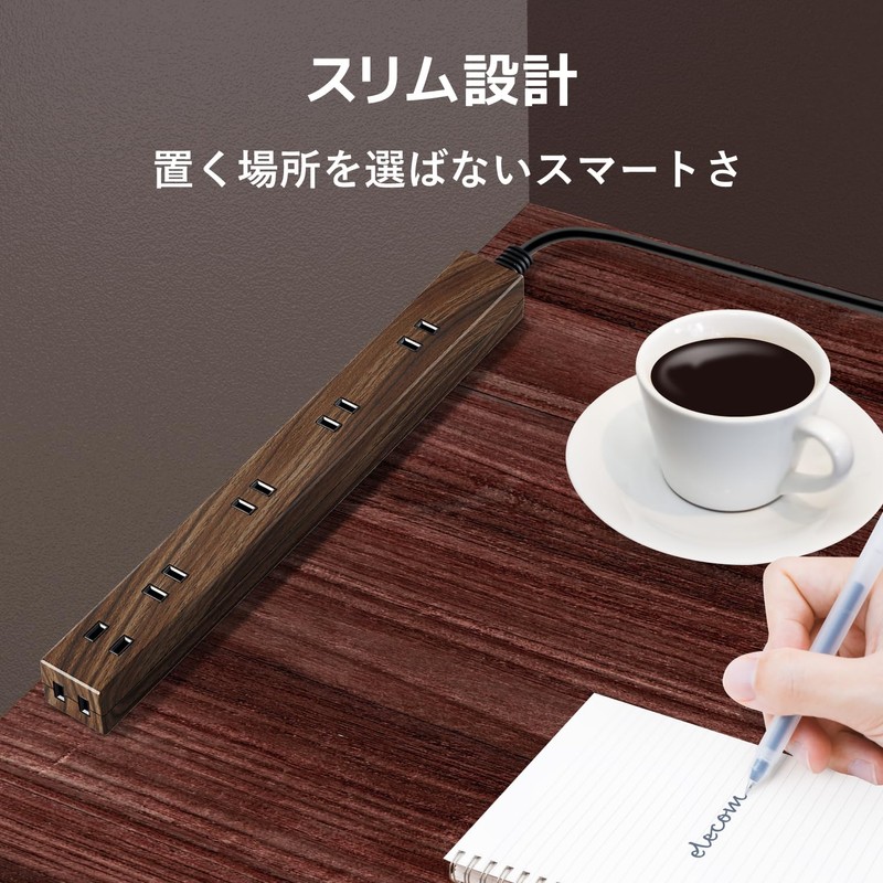 Elecom ECT-0203W Power Strip, Lightning Guard, 6 Outlets, Wood Grain,