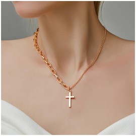 Cimenexe Bohemian Cross Pendant Necklace Sparkling Paper Clip Chain Vintage Asymmetrical Necklace Chain Gold Adjustable Minimal Necklace Jewellery for Women and Girls