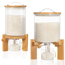 HBlife Glass Rice Dispenser with Wooden Stand Flour and Cereal Container with Glass Measuring Cup Pantry Food Organization Storage Bin with Airtight Bamboo Lid, 3L+5L