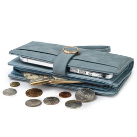 Women Wristlet Wallets Vegan Suede Leather Large Capacity Plaid Bifold Clutch Checkbook Wallets for Women Creit Card Case with Strap, Blue, Wristlet Wallet