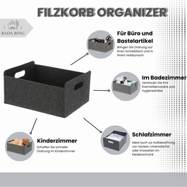 Bada Bing Set of 2 Felt Baskets Round Grey with Handle Organiser Shelf Office Handle Storage Basket Small Organiser Basket Felt Basket Bag 78