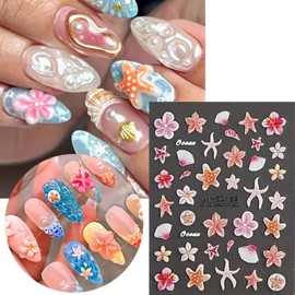 2 Sheets Summer Nail Stickers 5D Embossed Seashell Starfish Jellyfish Nail Decals Cute Flowers Manicure Sliders Self-Adhesive Summer Ocean Beach Nail Supplies for Women DIY Nail Art Decorations