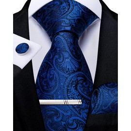 DiBanGu Mens Paisley Tie Formal Silk Tie & Pocket Square Cufflinks Tie Clip for Wedding Party Prom, Blue Paisley