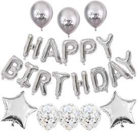 Happy Birthday Balloons Banner Silver, 16 Inch Mylar Foil Letters Balloons, Happy Birthday Foil Balloons Set with Silver Confetti Latex Balloons Star Foil Balloons for Birthday Party Decorations