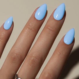 KQueenest Light Blue Press On Nails Short - Acrylic Press On Nails Almond, Sheer Soft Blue Fake Nails with Glue, Glossy Opaque, Stiletto Reusable Soft Gel Glue on Nails for Women, 30 Pcs