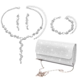 ERMWALR Silver Jewelry Set with Rhinestone Necklace, Earrings, Bracelet & Clutch Purse Bag, Ideal Prom Jewellery Set for Brides Bridesmaids Wedding
