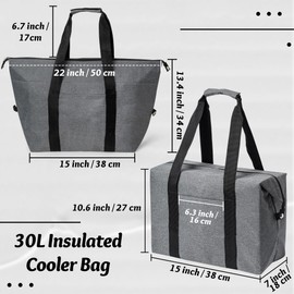GQIRIL Large Insulated Cooler Bag - 30L Foldable Grocery Cooler Tote with Zipper, PEVA Waterproof Collapsible Tote Bags, Leakproof Thermal Food Accessories for Beach Travel Picnic Shopping (Grey)