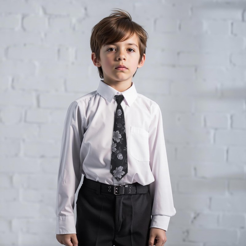 Alizeal Boys 13inches Length Flower Pattern Neckties, Black+Gray