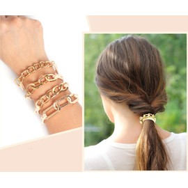 4Pcs Gold Hair Ties Bracelet, Metal Ponytail Elastic Rip Hair Ties Cute Wrist Bracelet Hair Accessories for Work Sports Yoga Thick Thin Curly Jewelry (Gold, One size)