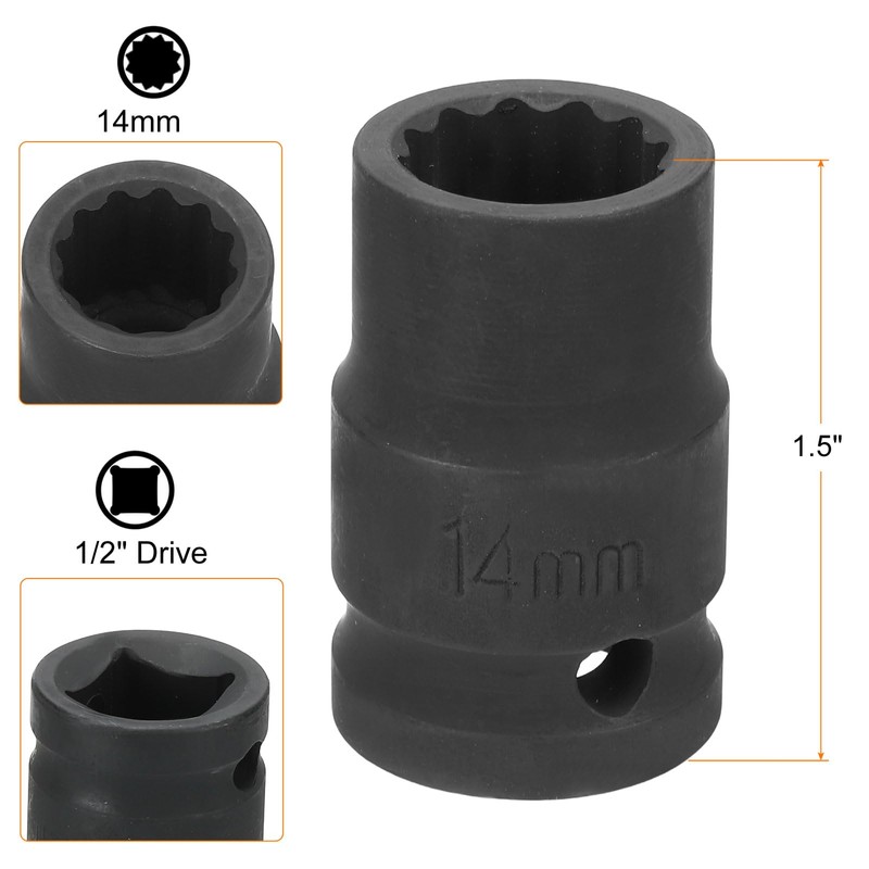 sourcing map 12-Point Impact Socket 1/2 Inch Drive 14mm Metric