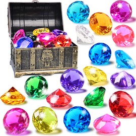 EnriQ Diving Gems Pool Toys, 18 Big Colorful Acrylic eDiamond with Pirate Treasure Chest Summer Underwater Gem Acrylic Diamond Shaped Gemstones for Home Table Vase Fillers Party Decor