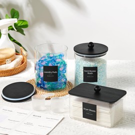Glass Laundry Pods Container & Acrylic Dryer Sheet Holder with Balck Bamboo Knobs Lids, Scoops & Labels | Premium Laundry Room Organization and Storage for Detergent Pods, Powder, Dryer Balls & Beads