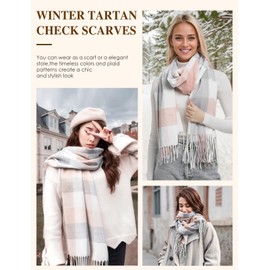 heekpek Winter Long Soft Warm Tartan Check Scarves Wraps for women Wool Spinning Tassel Shawl Long Stole， Grey white， One Size
