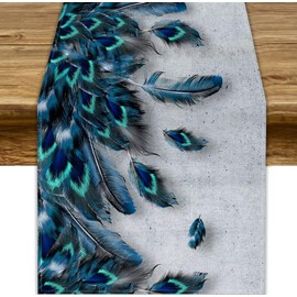 JanJCurt Peacock Feather Table Runner, Retro Blue Green Peacock Feathers Vintage Turquoise Print Table Cover for Home Holiday Party Indoor Outdoor Decor, 13x60inch