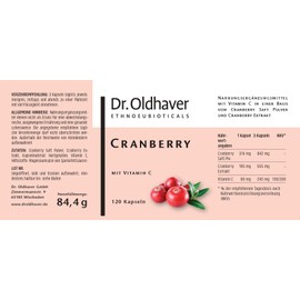 Dr. Oldhaver Cranberry Capsules (Pack of 120) Dietary Supplement - Combination of Natural Cranberry Juice Powder, High-Quality Cranberry Extract and Vitamin C for Urinary Tract and Bladder