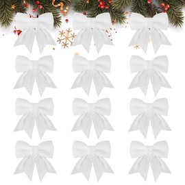 GXFCING 12 Pack White Christmas Bows for Christmas Tree 6 x 5 Inch Glitter Christmas Tree Bows Wreaths Bows White Sequin Bow Ties Christmas Xmas Tree Decorations