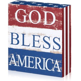 Jetec Veterans Day Decor Gifts Box Sign Patriotic 5 x 6 Inch Wood American Flag Decor Farmhouse Wooden Block(God Bless America)