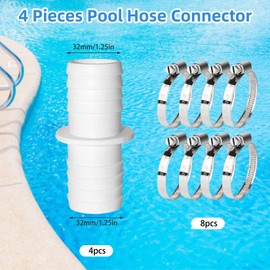 Idota Pack of 4 Pool Adapters 32 to 32 mm, Hose Connector 32 to 32 mm, Pool Hose Adapter with 8 Stainless Steel Hose Clamps (4 Pieces 32-32 mm)