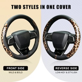 Leopard Steering Wheel Cover for Women, 15 Inch Leather, Brown