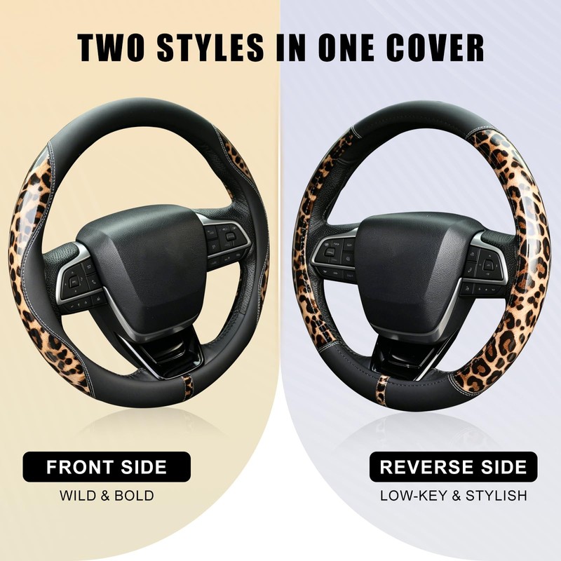 Leopard Steering Wheel Cover for Women, 15 Inch Leather, Brown
