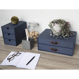 Bigso Box of Sweden Birger 2-Drawer Canvas Fiberboard Handle Letter Box | Desktop Drawers for Loose Papers & Documents | Desktop Storage Drawers with Leather Handles | 13.1” x 10” x 5.7” | Blue