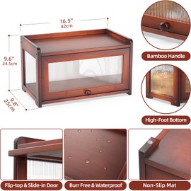 BAMBANG Bamboo Bread Box for Kitchen Countertop, Large Capacity Bread Storage Container Farmhouse Bread Box with 3 Sides Wavy & Back Clear Window, Breadbox Bin Holder for Homemade Bread, Rustic Brown