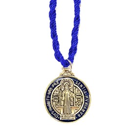 St Benedict Blue Protection Medal with Corded Necklace Medallon Azul San Benito Collar Catholic Roman Cross