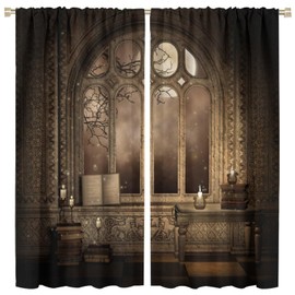 Vintage Gothic Curtains, Medieval Architecture Carved Wall and Romantic Moonlit Night, Blackout Thermal Insulation Rod Pocket Window Treatments for Living Room Bedroom Bathroom (21x45in) x2 Panels