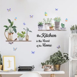 Tanlaby Kitchen Flowers and Plants Wall Stickers Kitchen Wall Art Decals The Kitchen is The Heart of The Home Word Saying Peel and Stick Wall Murals for Kitchen Dining Room Restaurant Wall Decor