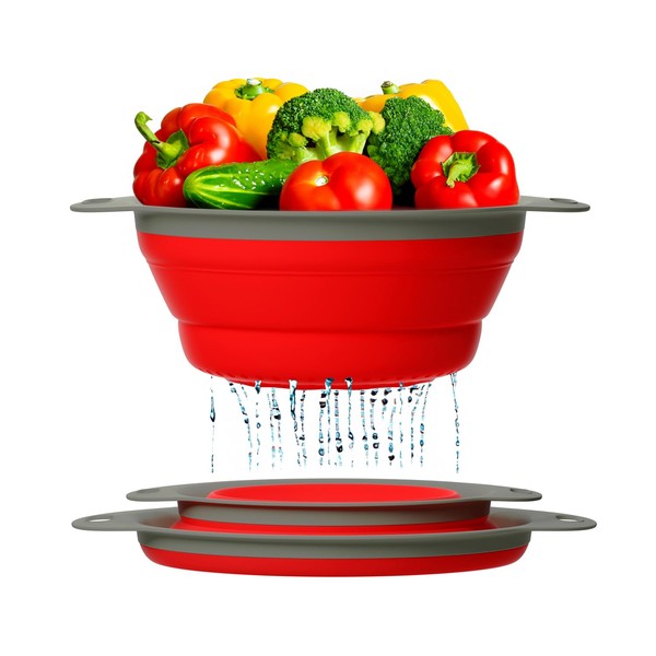 Ultimate Kitchen Strainers Set of 2 - Collapsible Silicone Colanders For Easy Storage by Comfify - Use with Pasta & Veggies or as a Fruit or Berry Bowl with Strainer - Irreplaceable for Campers - Red