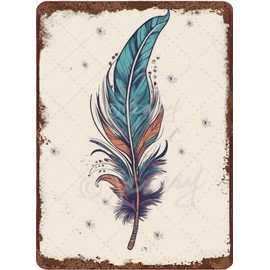 Boho Feather Metal Wall Sign – 5.5x8 Inch Vintage Aluminum Decor – Turquoise & Copper Rustic Artwork – Bohemian Wall Art for Bedroom, Living Room, Office – Gift for Women, Teens, Free Spirits