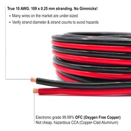 10 Gauge Pure Copper Red Black Bonded Cable True AWG (American Wire Guage) OFC for Car Audio Power Amplifier Automotive Electrical Dashboard Trailer Remote Hookup LED Light Primary Wiring (25 FT)