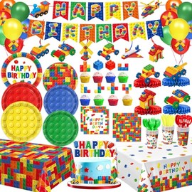 Building Block Birthday Party Supplies, Colorful Building Block Plates, Napkins, Cups, Tablecloth, Banner, Hanging Swirls, Balloons, Honeycomb Centerpieces for Kids’ Birthday Party, Serves 24
