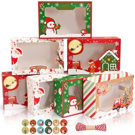 MAMUNU 12PCS Christmas Cookie Boxes with Clear Window Paper Xmas Gift Cupcake Treat Sweet Candy Boxes with Stickers and Paper Ropes for Christmas Party Supplies, 22.5 x 15.5 x 7CM