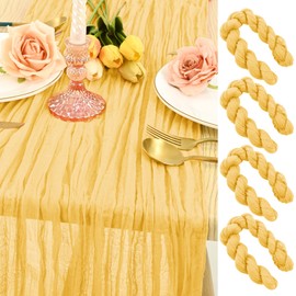 HNPSTBNO 4 Pack Gold Cheesecloth Table Runner 12FT, Gauze Table Runner Semi-Sheer 35 * 142 inch Boho or Rustic Table Decoration, Romatic Wedding Table Runner or Arch Draping for Bridal Shower Banquet