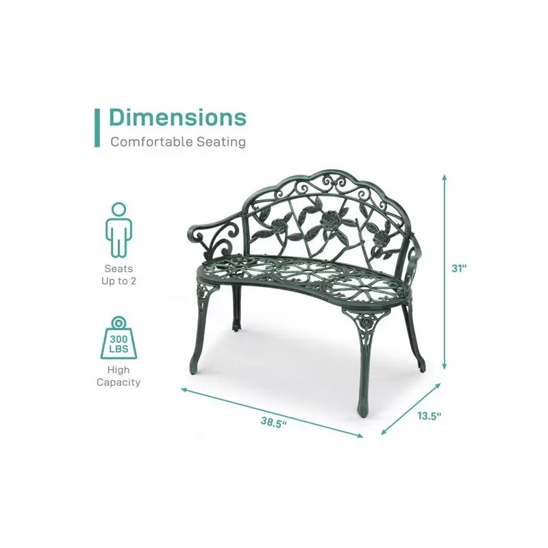 Antique Green Outdoor Cast Aluminum Patio Bench with Curved Legs