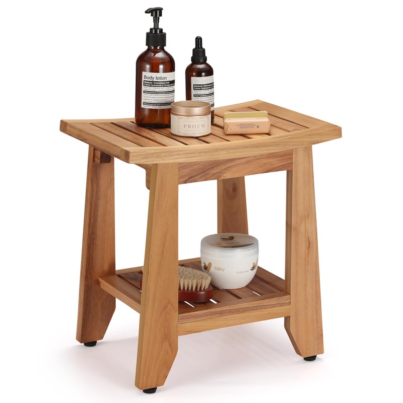 Teak Shower Bench Stool, 14'' Compact Waterproof Wooden Sauna Bath
