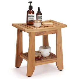 Teak Shower Bench Stool, 14'' Compact Waterproof Wooden Sauna Bath Bench with Storage Shelf, Non-Slip Solid Teak Shower Seat Chair for Small Bathrooms Inside Shower and Outdoor Use