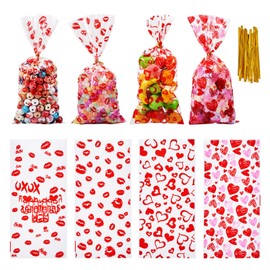 Cheriswelry 100Pcs Cellophane Treat Bags Candy Cookie Goodie Bags with Twist Ties Clear Heart Pattern Favor Bags 27.8x12.5cm for Holiday Party Gift Wrap Accessory