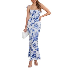 Parthea Women's Summer Floral Bodycon Backless Maxi Dress Sexy Lounge Slip Long Formal Party Evening Elegant Dress Blue