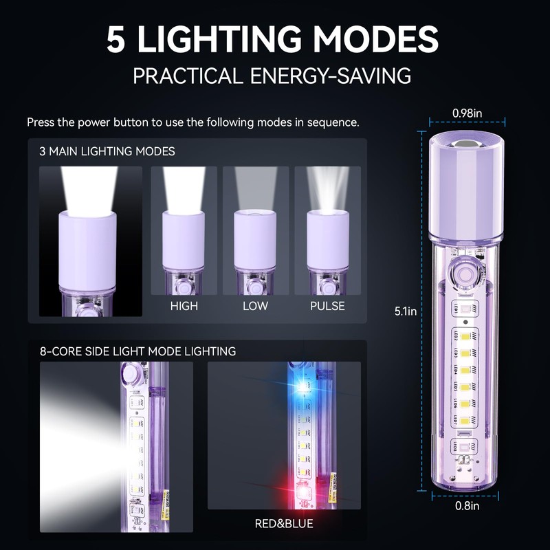 VAVOFO Purple LED EDC Flashlight - USB-C Rechargeable, Waterproof, Zoom